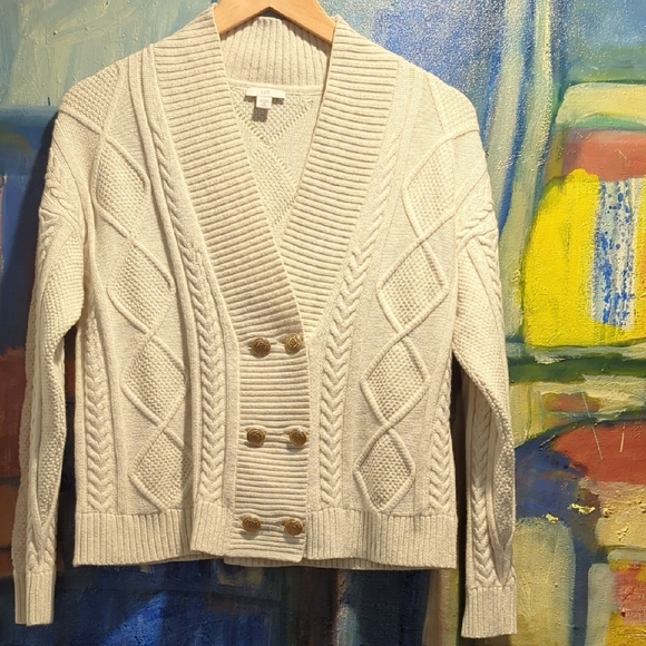 J Jill Double-Breasted Cabled Cardi In Oatmeal Heather Size Xs Petite - Picture 1 of 13